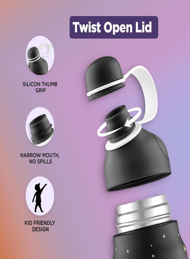Pexpo Piano 450 ISI Certified Stainless Steel Water Bottle for School Kids - 420ml | 6+ Years Age |Hot & Cold | with Sipper Cap |Double Wall | for Picnic, Outing - Black Space Printed - Image 4